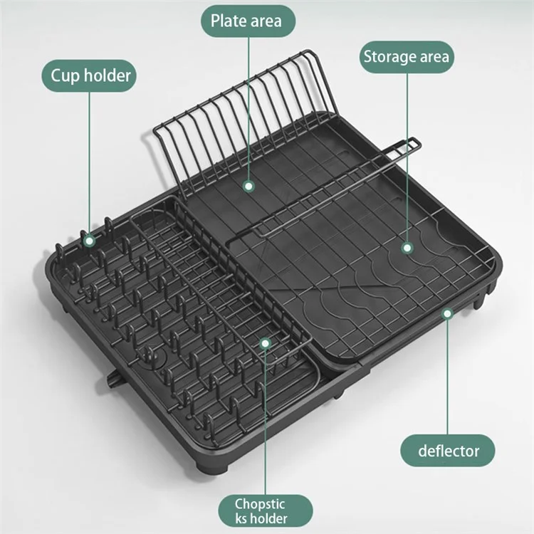 006-WDJ-8026-BK Expandable Dish Drainer Cutlery Cup Plate Rack Holder for Kitchen Countertop, 1 Tier