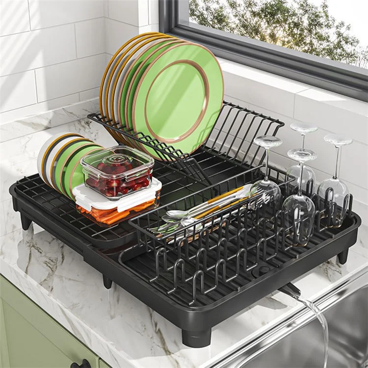 006-WDJ-8026-BK Expandable Dish Drainer Cutlery Cup Plate Rack Holder for Kitchen Countertop, 1 Tier