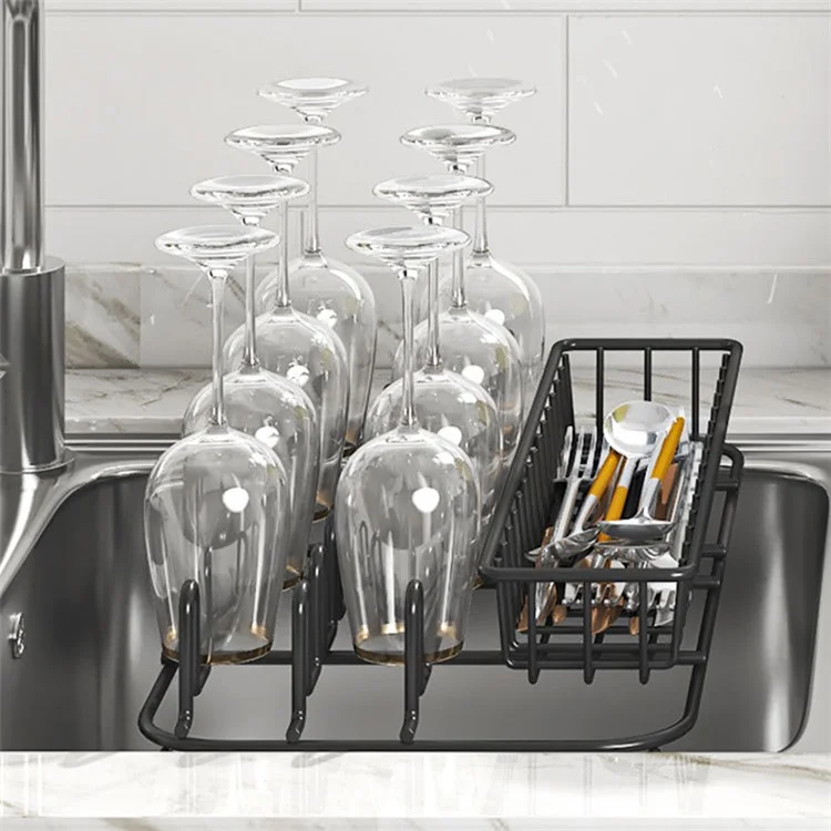 006-WDJ-8026-BK Expandable Dish Drainer Cutlery Cup Plate Rack Holder for Kitchen Countertop, 1 Tier