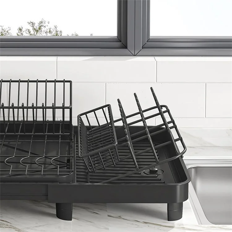 006-WDJ-8026-BK Expandable Dish Drainer Cutlery Cup Plate Rack Holder for Kitchen Countertop, 1 Tier