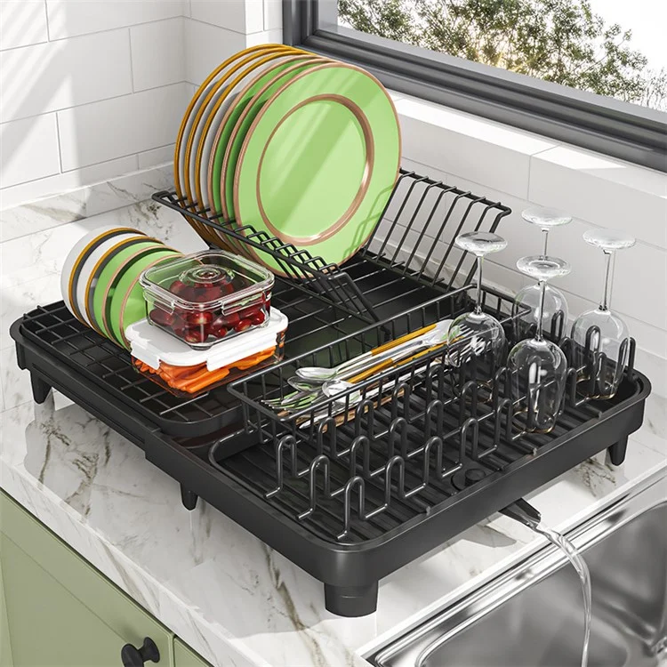 006-WDJ-8026-BK Expandable Dish Drainer Cutlery Cup Plate Rack Holder for Kitchen Countertop, 1 Tier