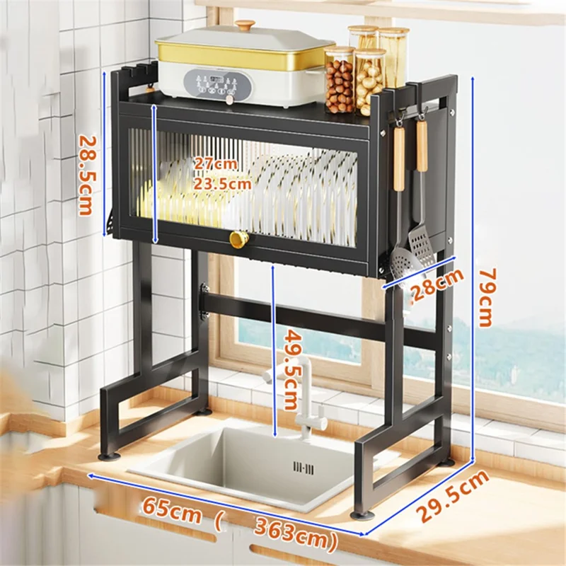 006-SCJ-6837C-65 Over The Sink Dish Drying Rack Kitchen Sink Organizer Dish Drainer with Door, 65X29.5X79cm - Sort