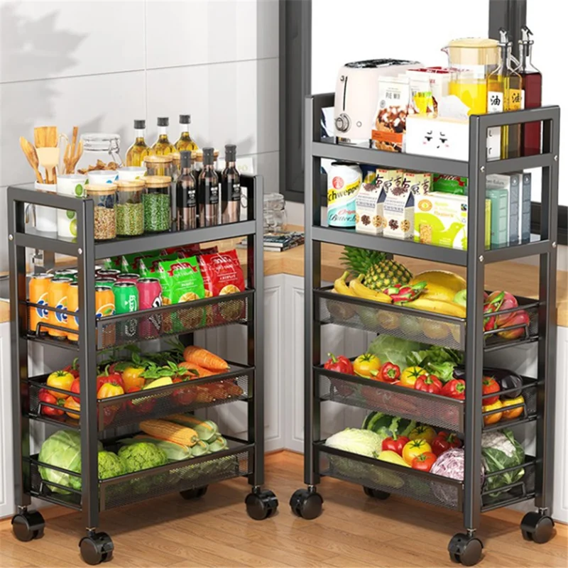 005JGL1047 4-Tier Kitchen Storage Rack with Wheels, Floor-Standing Vegetable Basket - 4 Mesh / Black