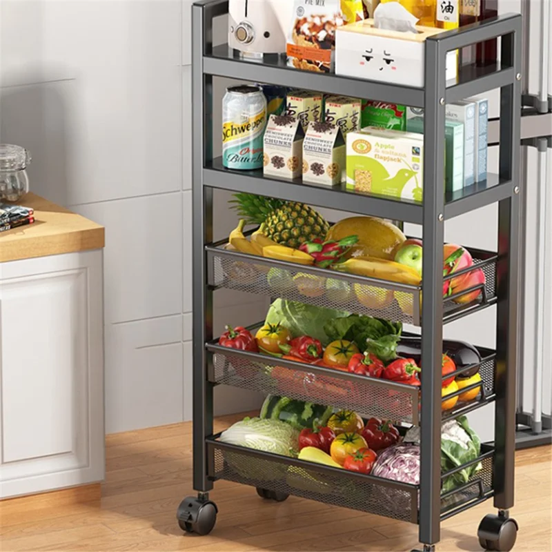 005JGL1047 4-Tier Kitchen Storage Rack with Wheels, Floor-Standing Vegetable Basket - 4 Mesh / Black
