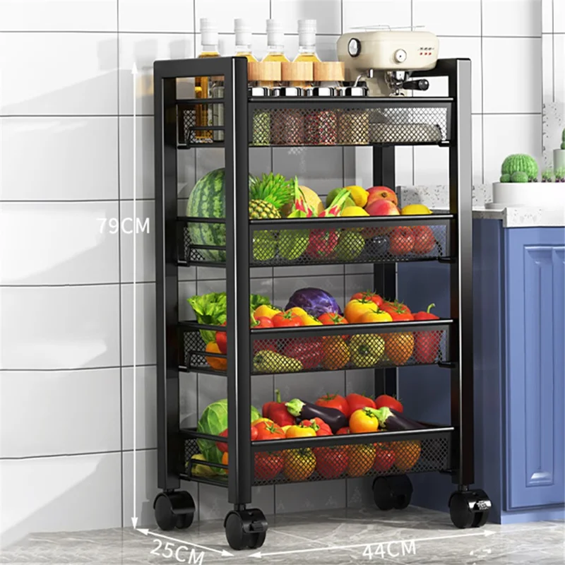 005JGL1047 4-Tier Kitchen Storage Rack with Wheels, Floor-Standing Vegetable Basket - 4 Mesh / Black