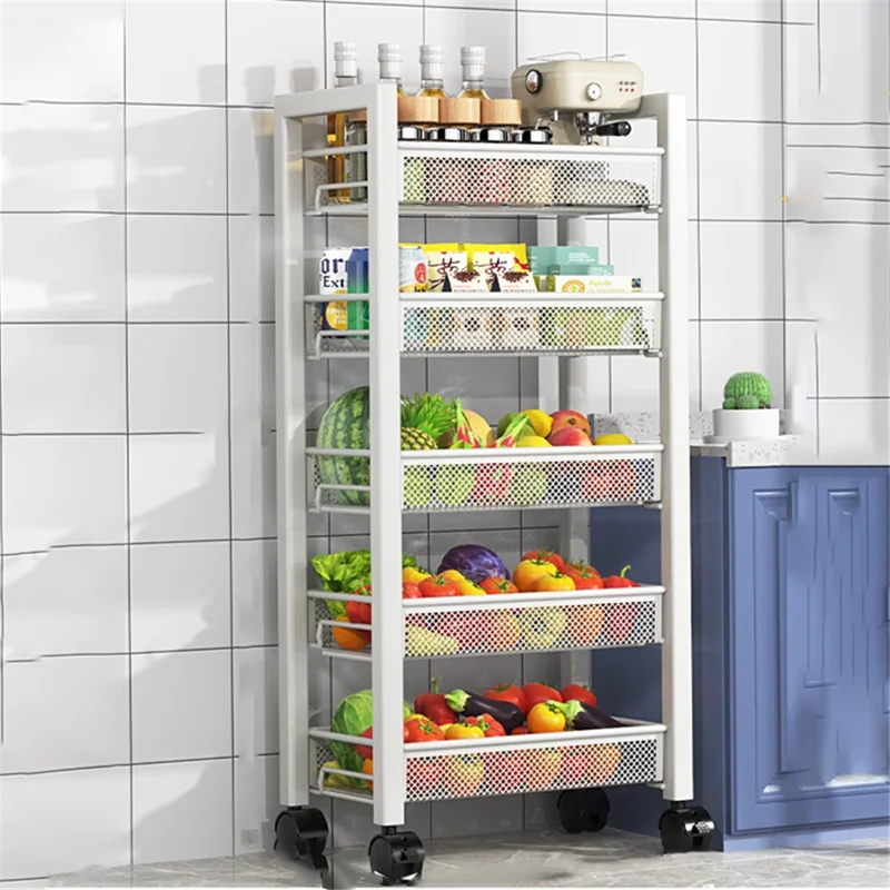 005JGL1049 5-Tiers Trolley Cart with Wheels Kitchen Storage Rack Floor-Standing Vegetable Basket - 5 Mesh / White