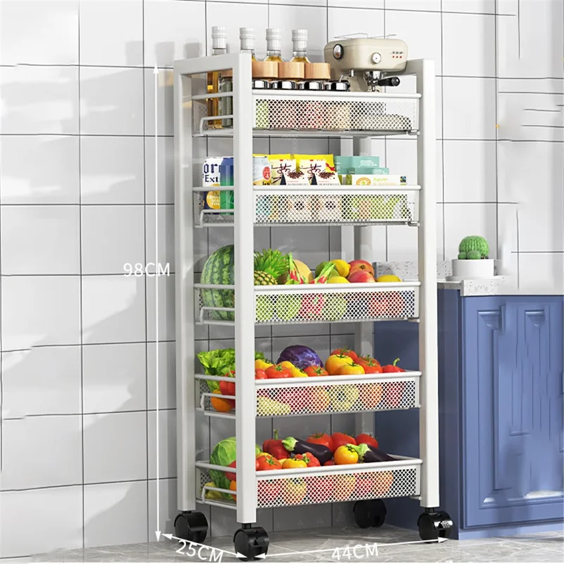 005JGL1049 5-Tiers Trolley Cart with Wheels Kitchen Storage Rack Floor-Standing Vegetable Basket - 5 Mesh / White