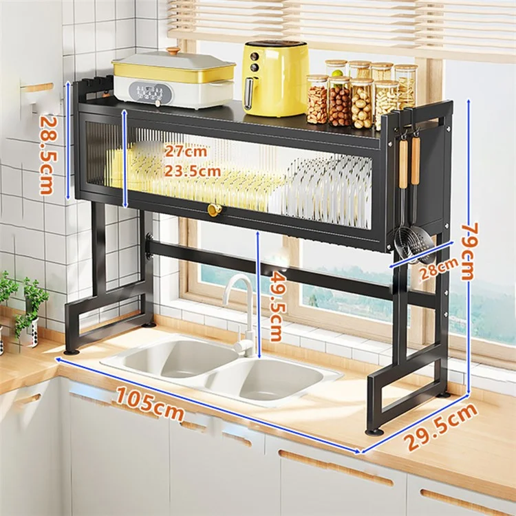006-SCJ-6838C-105 Over Sink Dish Drying Rack 2 Tier Kitchen Counter Bowls Plates Holder with Door - Black
