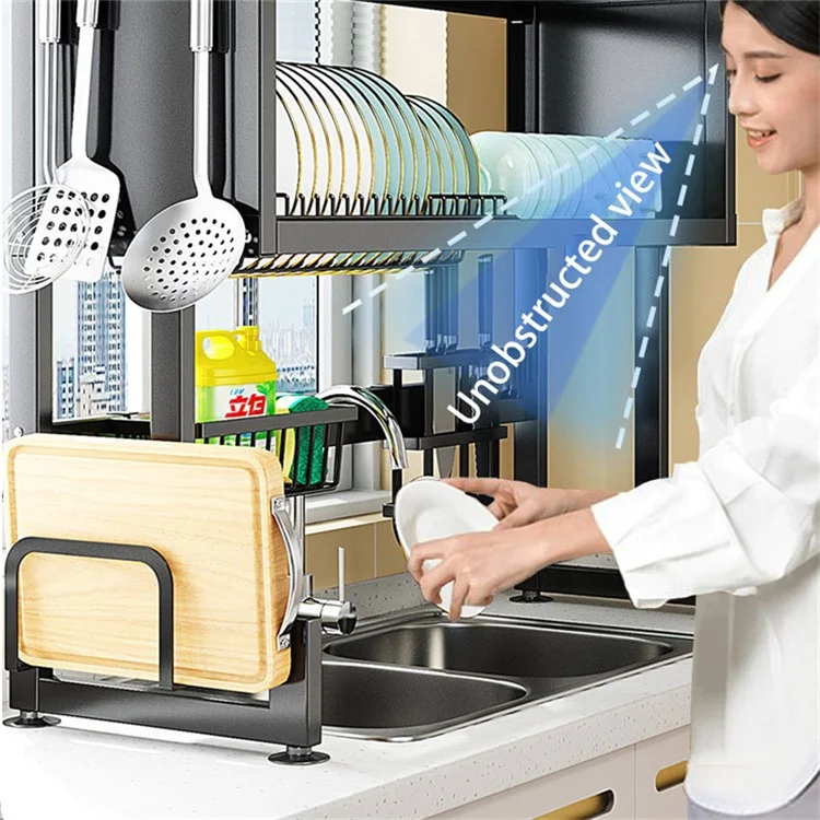 006-SCJ-6838C-105 Over Sink Dish Drying Rack 2 Tier Kitchen Counter Bowls Plates Holder with Door - Black