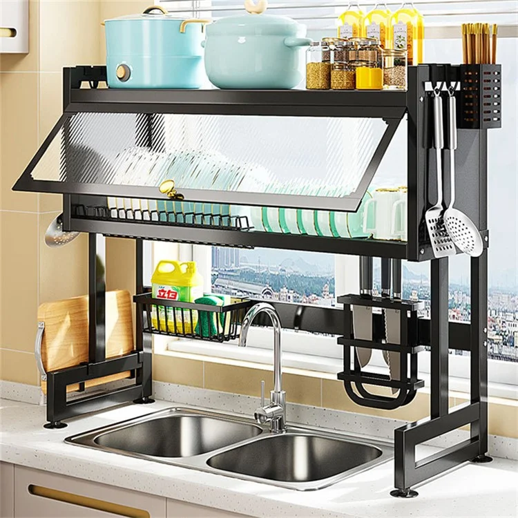 006-SCJ-6838C-105 Over Sink Dish Drying Rack 2 Tier Kitchen Counter Bowls Plates Holder with Door - Black
