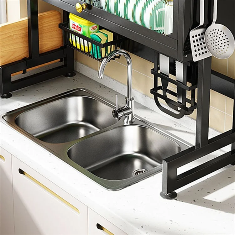 006-SCJ-6838C-105 Over Sink Dish Drying Rack 2 Tier Kitchen Counter Bowls Plates Holder with Door - Black