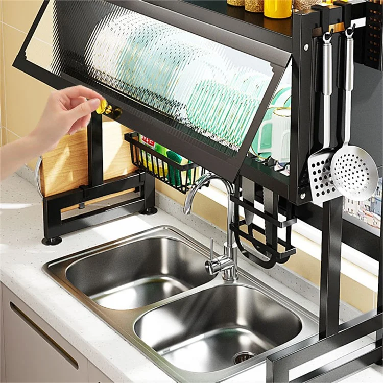 006-SCJ-6838C-105 Over Sink Dish Drying Rack 2 Tier Kitchen Counter Bowls Plates Holder with Door - Black