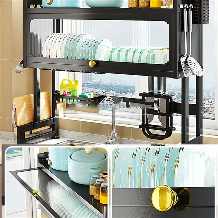 006-SCJ-6838C-105 Over Sink Dish Drying Rack 2 Tier Kitchen Counter Bowls Plates Holder with Door - Black