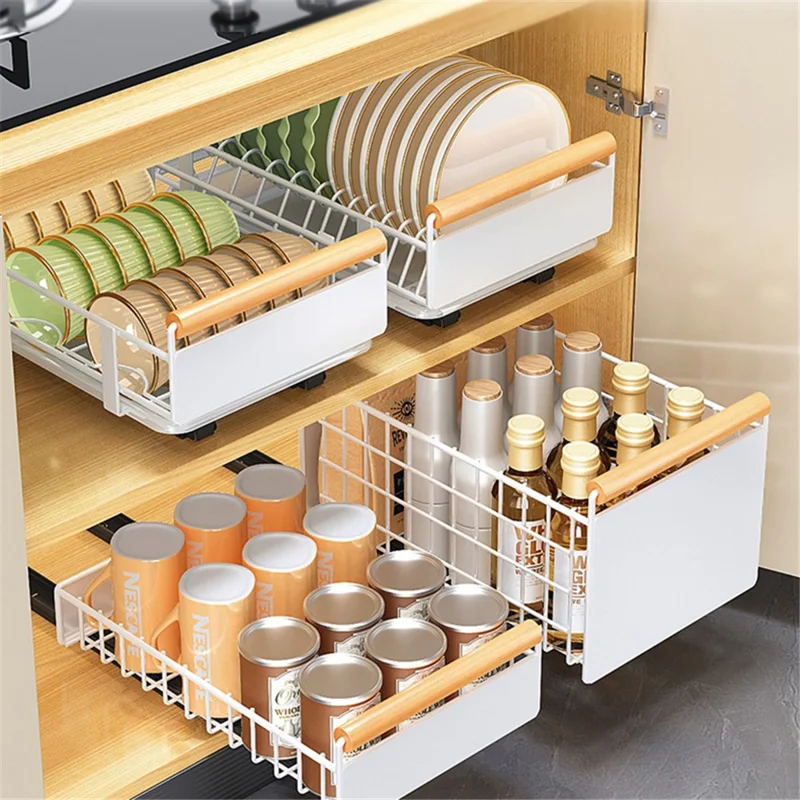 006-ZWJ-70079-WH Slide-Out Kitchen Sink Organizer Rack Storage Holder for Dishes, Spices
