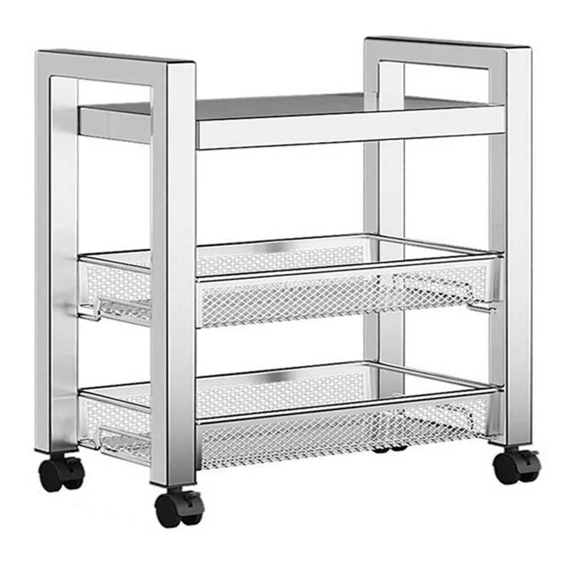 005JGL1034 3-Tier Storage Trolley Cart Stainless Steel Kitchen Rolling Shelf Organizer - 2 Mesh Tier+1 Board