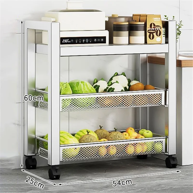 005JGL1034 3-Tier Storage Trolley Cart Stainless Steel Kitchen Rolling Shelf Organizer - 2 Mesh Tier+1 Board