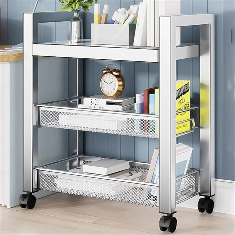 005JGL1034 3-Tier Storage Trolley Cart Stainless Steel Kitchen Rolling Shelf Organizer - 2 Mesh Tier+1 Board