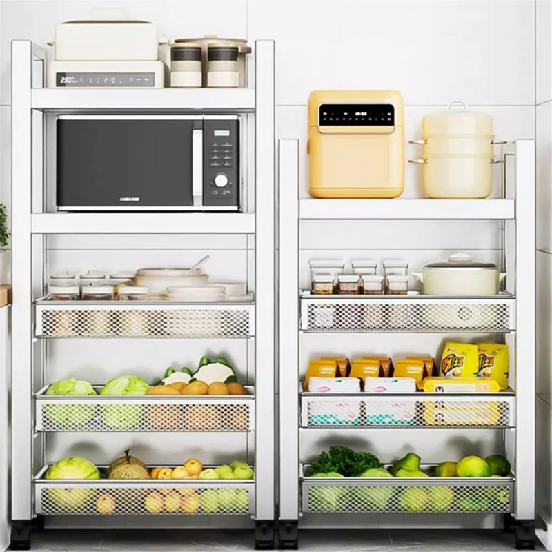 005JGL1034 3-Tier Storage Trolley Cart Stainless Steel Kitchen Rolling Shelf Organizer - 2 Mesh Tier+1 Board