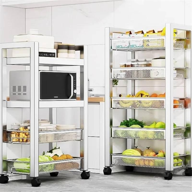 005JGL1034 3-Tier Storage Trolley Cart Stainless Steel Kitchen Rolling Shelf Organizer - 2 Mesh Tier+1 Board