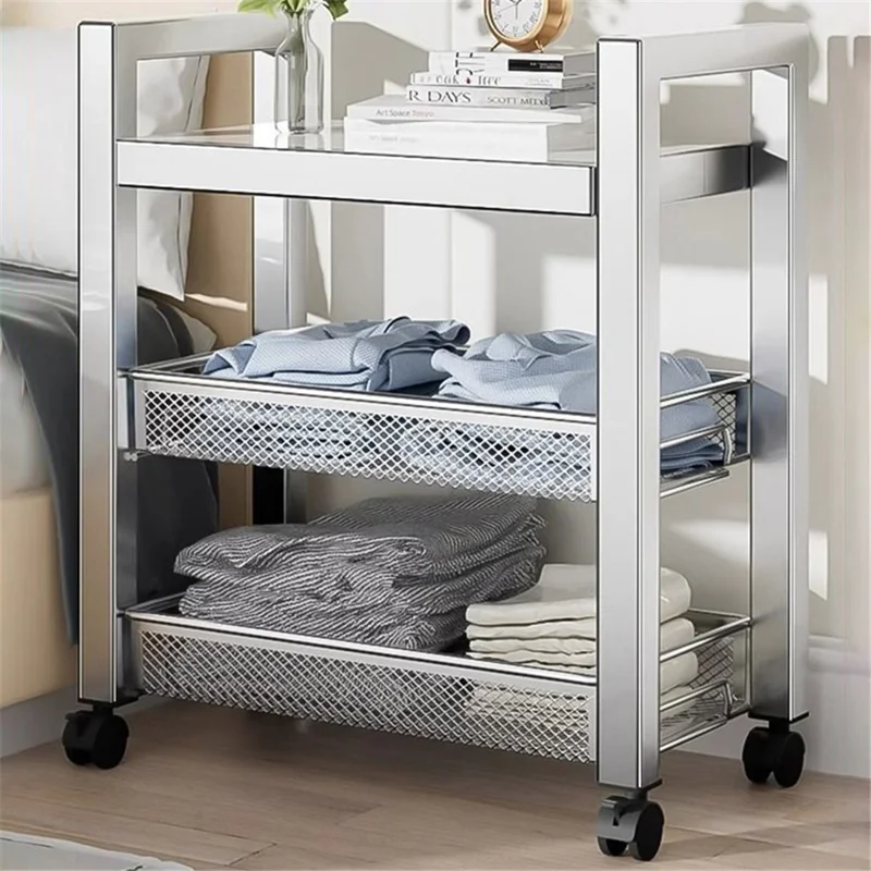 005JGL1034 3-Tier Storage Trolley Cart Stainless Steel Kitchen Rolling Shelf Organizer - 2 Mesh Tier+1 Board