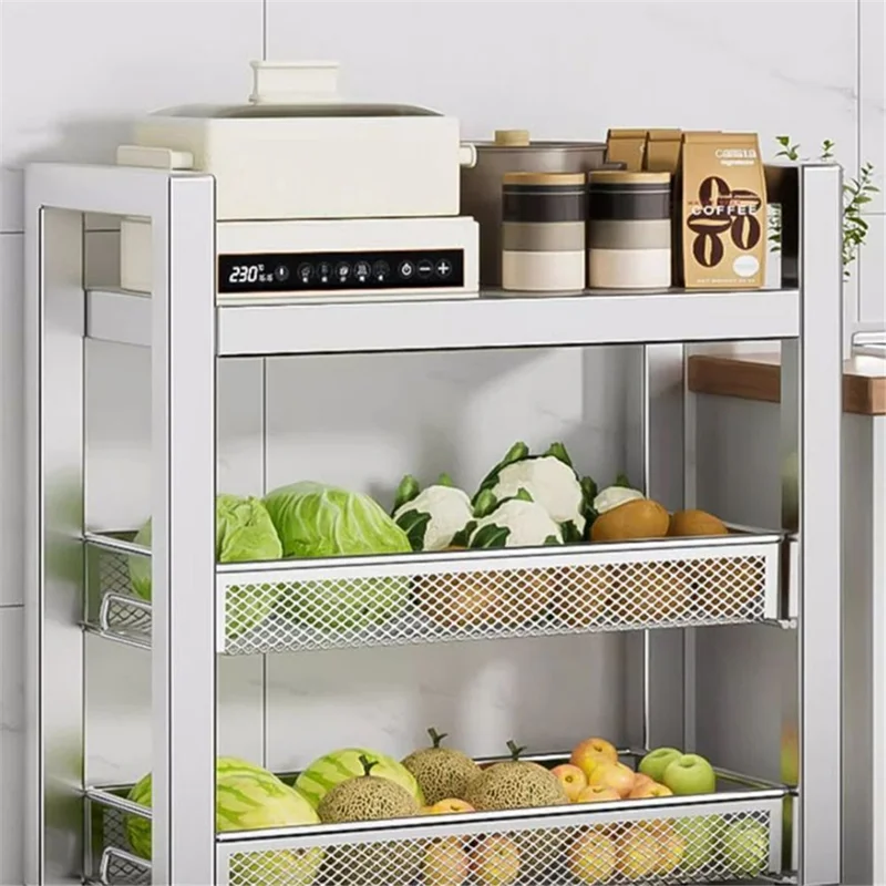 005JGL1034 3-Tier Storage Trolley Cart Stainless Steel Kitchen Rolling Shelf Organizer - 2 Mesh Tier+1 Board