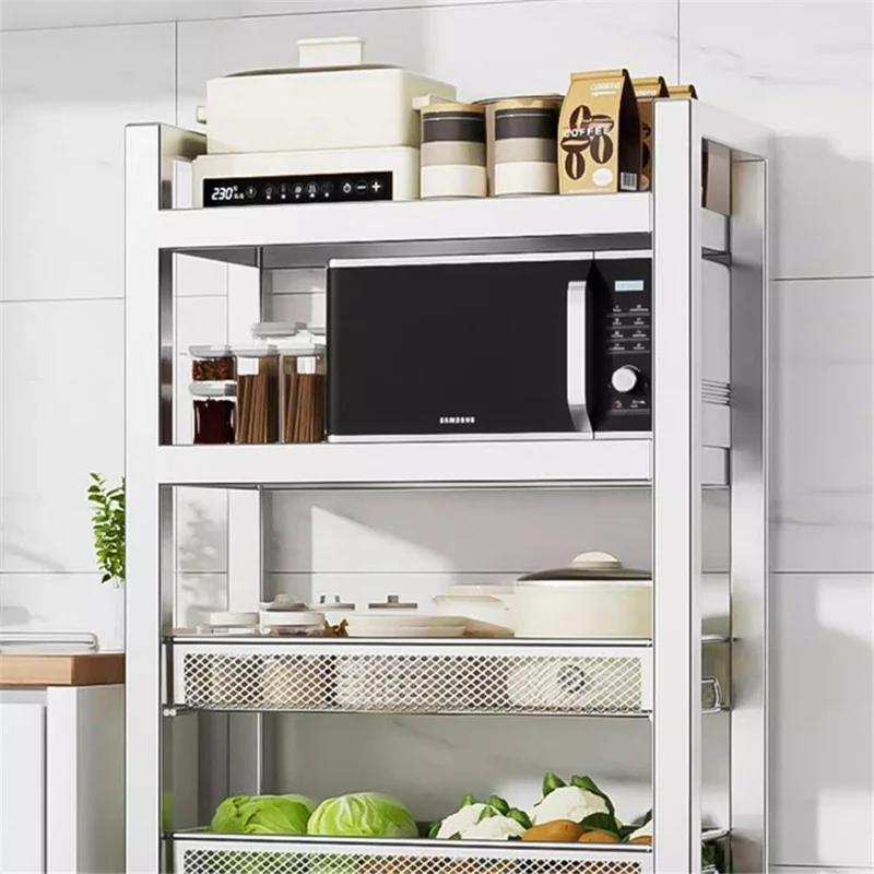 005JGL1034 3-Tier Storage Trolley Cart Stainless Steel Kitchen Rolling Shelf Organizer - 2 Mesh Tier+1 Board