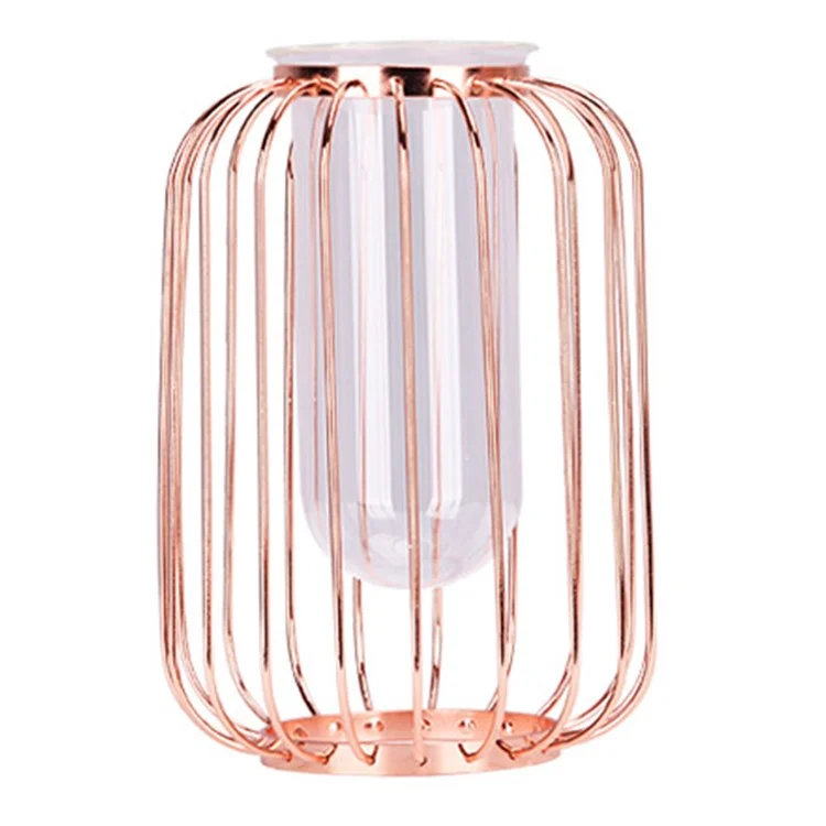 Vaso de Vidro Transparente de Luxo com Suporte de Ferro Formato de Lanterna Vaso Geométrico de Hidroponia Decoração para Casa, Tamanho P - Ouro Rosa