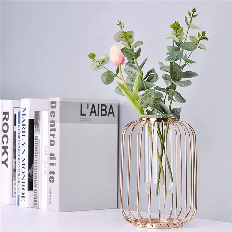 Vaso de Vidro Transparente de Luxo com Suporte de Ferro Formato de Lanterna Vaso Geométrico de Hidroponia Decoração para Casa, Tamanho P - Ouro Rosa