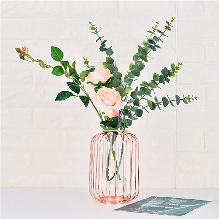 Vaso de Vidro Transparente de Luxo com Suporte de Ferro Formato de Lanterna Vaso Geométrico de Hidroponia Decoração para Casa, Tamanho P - Ouro Rosa
