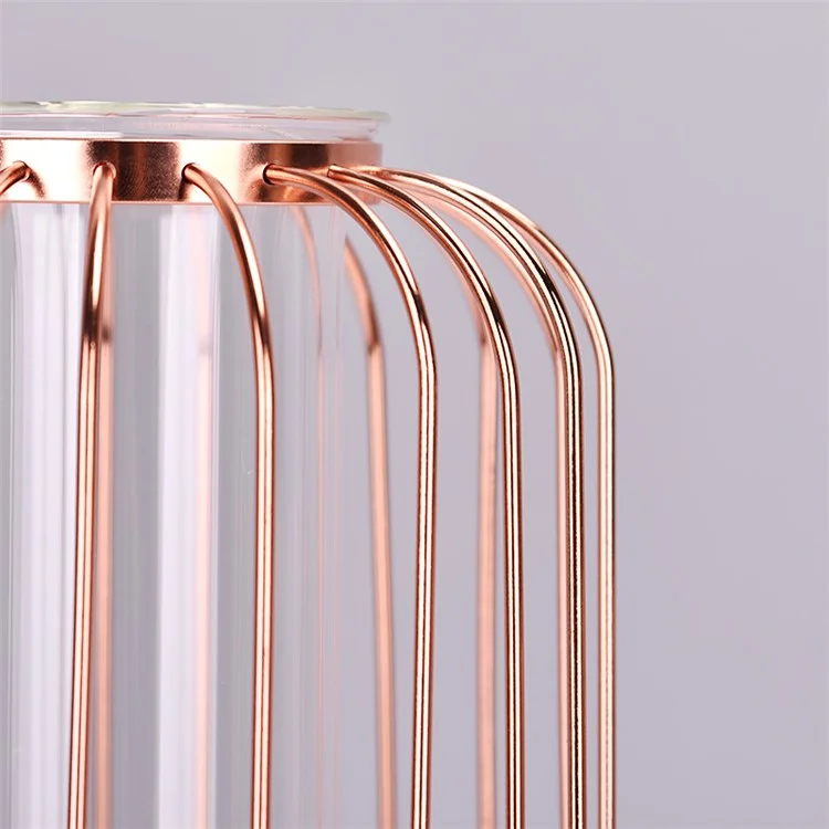 Vaso de Vidro Transparente de Luxo com Suporte de Ferro Formato de Lanterna Vaso Geométrico de Hidroponia Decoração para Casa, Tamanho P - Ouro Rosa