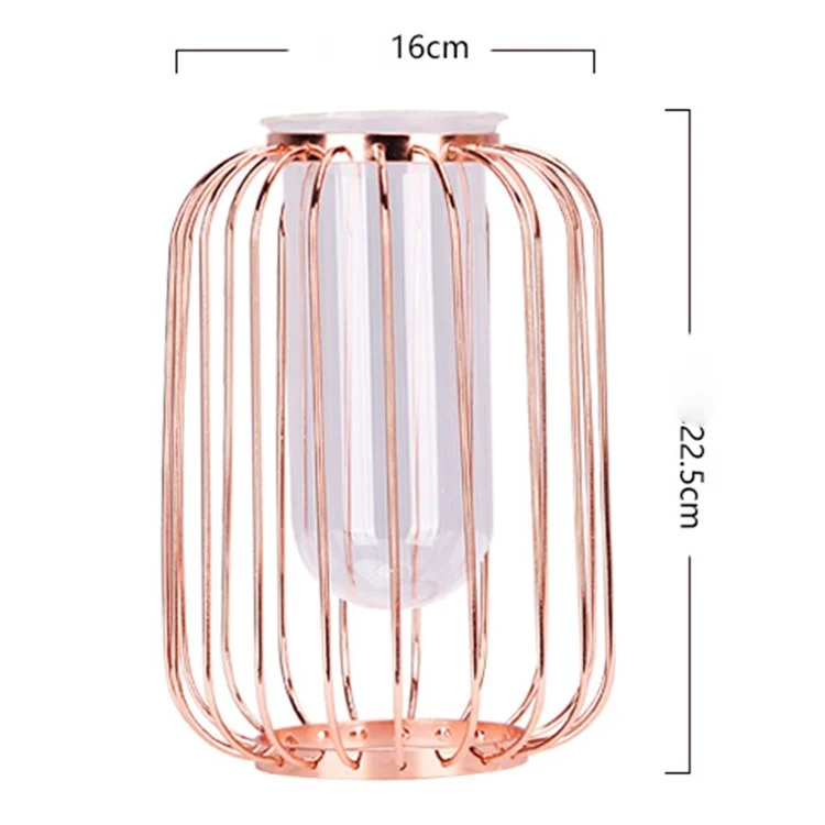 Vaso de Vidro Transparente de Luxo com Suporte de Ferro Formato de Lanterna Vaso Geométrico de Hidroponia Decoração para Casa, Tamanho P - Ouro Rosa