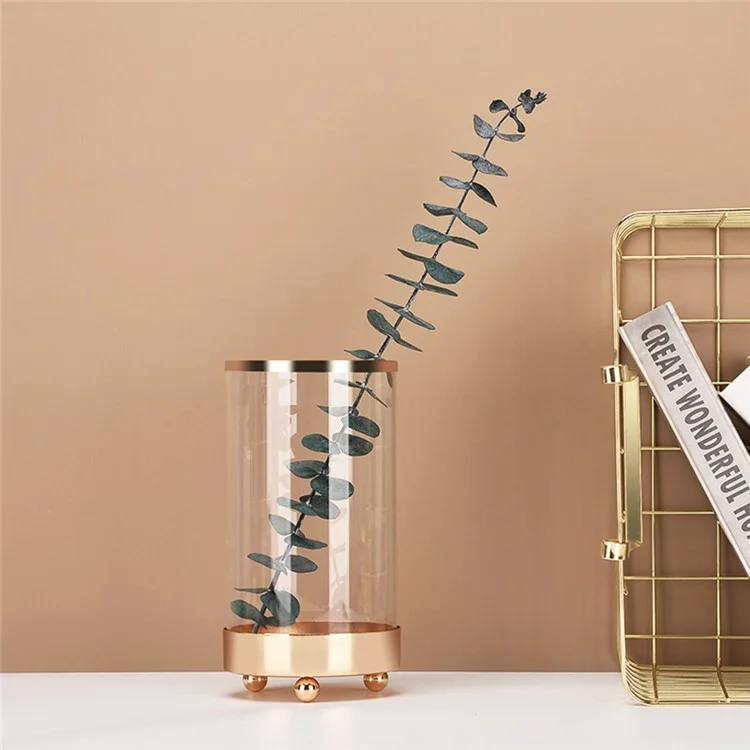 Vase en verre de style européen Fleurs Bougeoir en métal et en verre Cylindre Porte-pinceau de maquillage Boîtier de rangement, Taille : S