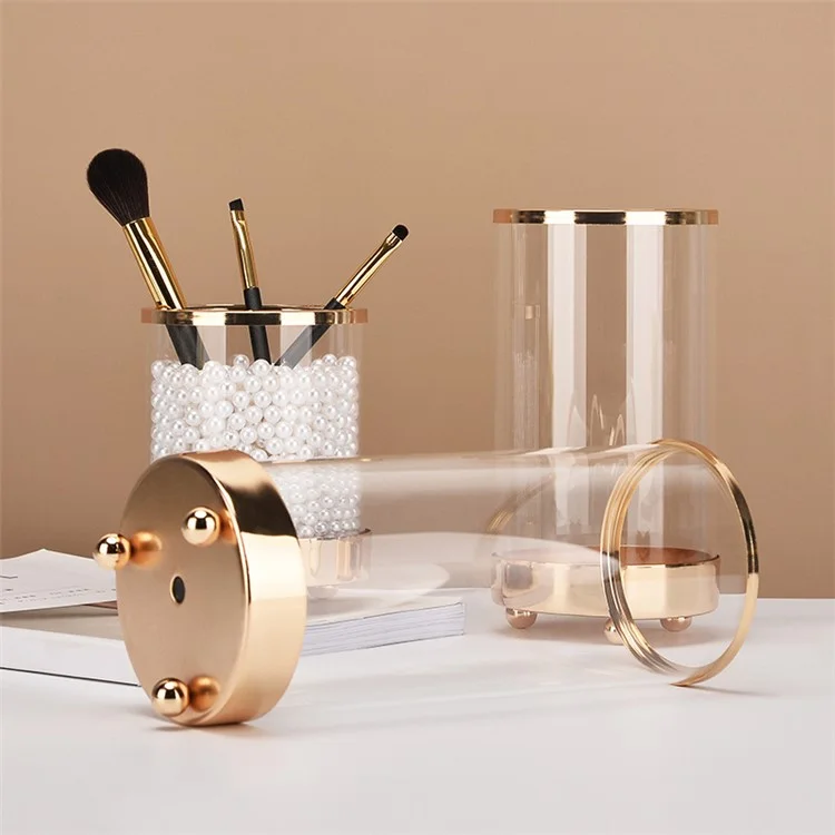 Vase en verre de style européen Fleurs Bougeoir en métal et en verre Cylindre Porte-pinceau de maquillage Boîtier de rangement, Taille : S