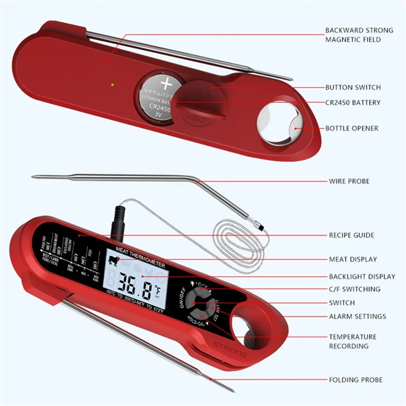 Waterproof Dual Probe Foldable Meat Thermometer for BBQ Cooking Kitchen Tool (BPA Free, No FDA)
