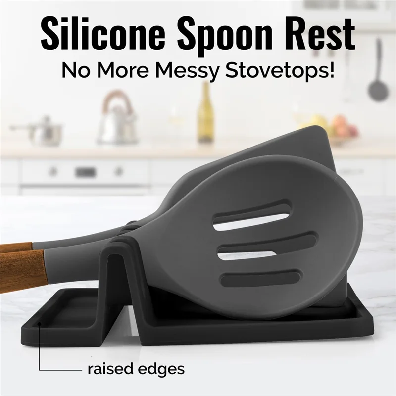 Kitchen Stovetop Silicone Utensil Rest Holder Rack for Spatula, Spoon (BPA-Free, No FDA) - Black