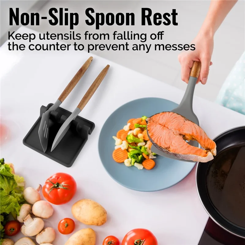 Kitchen Stovetop Silicone Utensil Rest Holder Rack for Spatula, Spoon (BPA-Free, No FDA) - Black