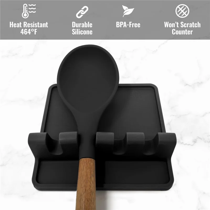 Kitchen Stovetop Silicone Utensil Rest Holder Rack for Spatula, Spoon (BPA-Free, No FDA) - Black