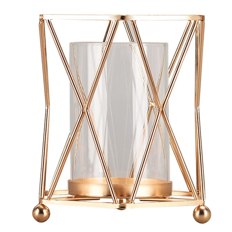 Desk Decorative Transparent Glass Vase Geometric Hydroponic Vase with Iron Frame, Size S - Champagne Gold