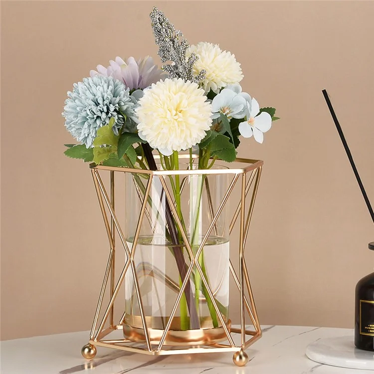 Desk Decorative Transparent Glass Vase Geometric Hydroponic Vase with Iron Frame, Size S - Champagne Gold