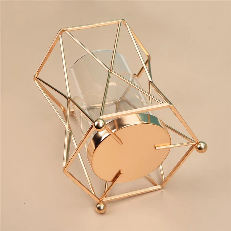 Desk Decorative Transparent Glass Vase Geometric Hydroponic Vase with Iron Frame, Size S - Champagne Gold