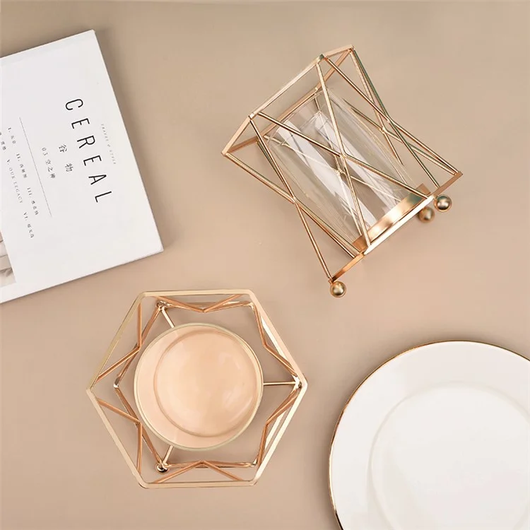 Desk Decorative Transparent Glass Vase Geometric Hydroponic Vase with Iron Frame, Size S - Champagne Gold