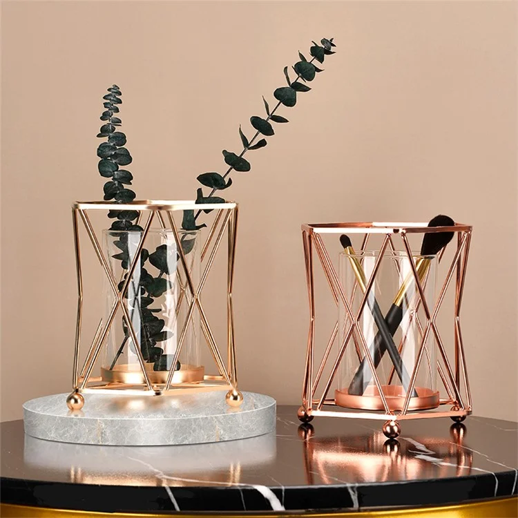 Desk Decorative Transparent Glass Vase Geometric Hydroponic Vase with Iron Frame, Size S - Champagne Gold