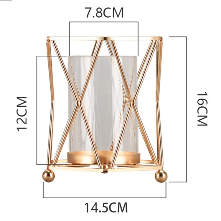 Desk Decorative Transparent Glass Vase Geometric Hydroponic Vase with Iron Frame, Size S - Champagne Gold