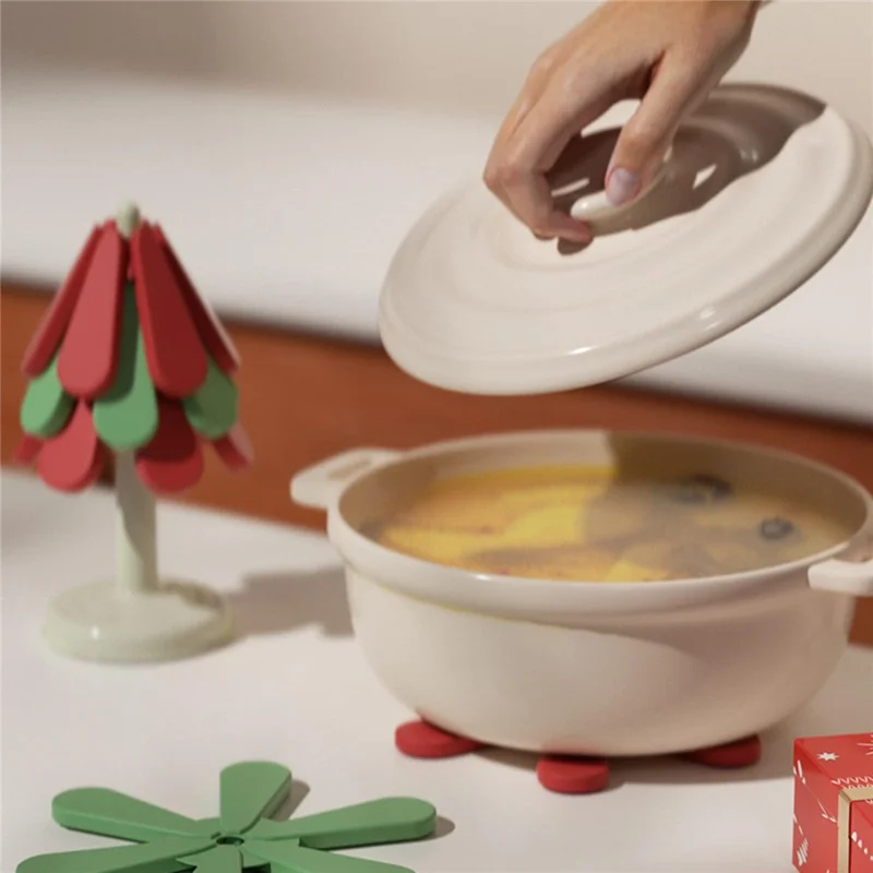 Christmas Tree Coaster Set 3pcs Heat-Resistant ABS+Silicone Cup Bowl Pot Mat for Home Kitchen - Round Base