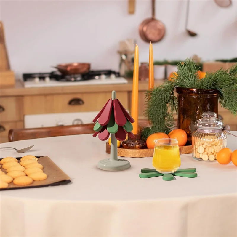 Christmas Tree Coaster Set 3pcs Heat-Resistant ABS+Silicone Cup Bowl Pot Mat for Home Kitchen - Round Base