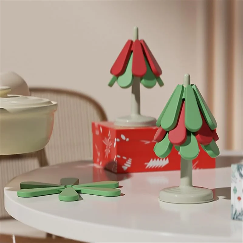 Christmas Tree Coaster Set 3pcs Heat-Resistant ABS+Silicone Cup Bowl Pot Mat for Home Kitchen - Round Base