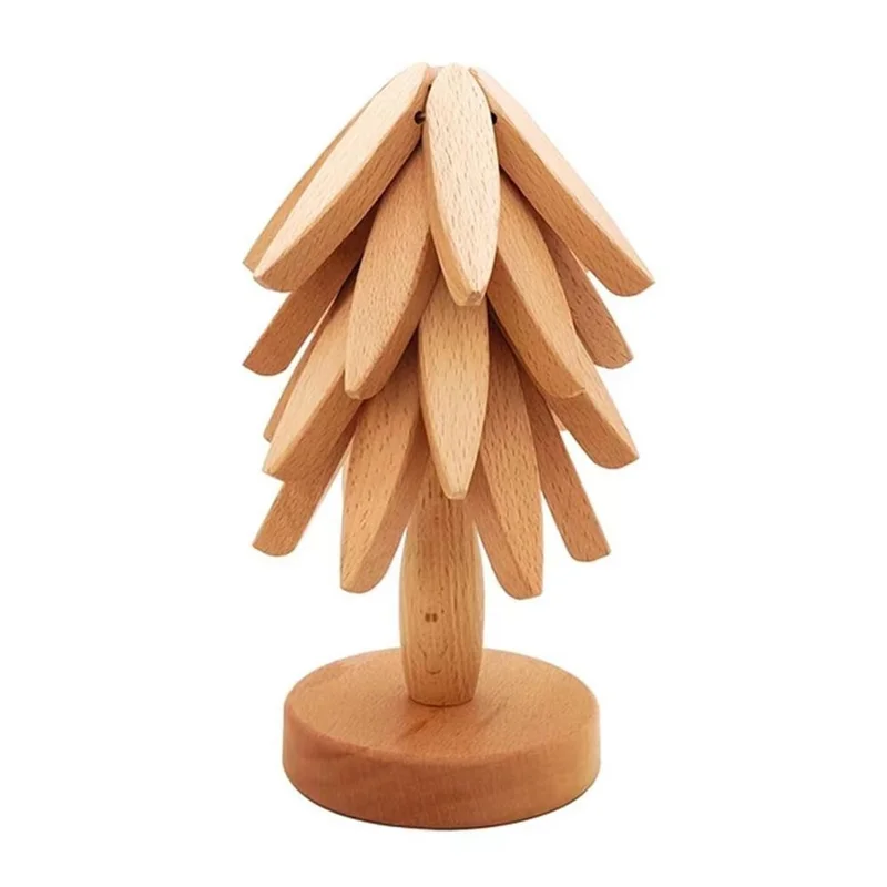 Wooden Hot Dish Insulation Pad 4Pcs Tree Shaped Coaster Set Hot Pots and Pans Insulation Mat - Wood Color