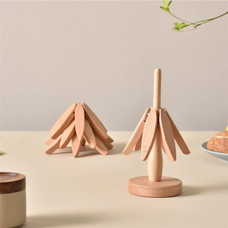 Wooden Hot Dish Insulation Pad 4Pcs Tree Shaped Coaster Set Hot Pots and Pans Insulation Mat - Wood Color