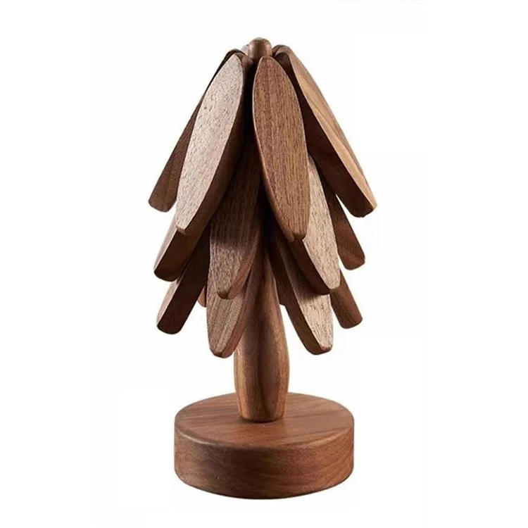 Wooden Hot Dish Insulation Pad 4Pcs Tree Shaped Coaster Set Hot Pots and Pans Insulation Mat - Walnut Color