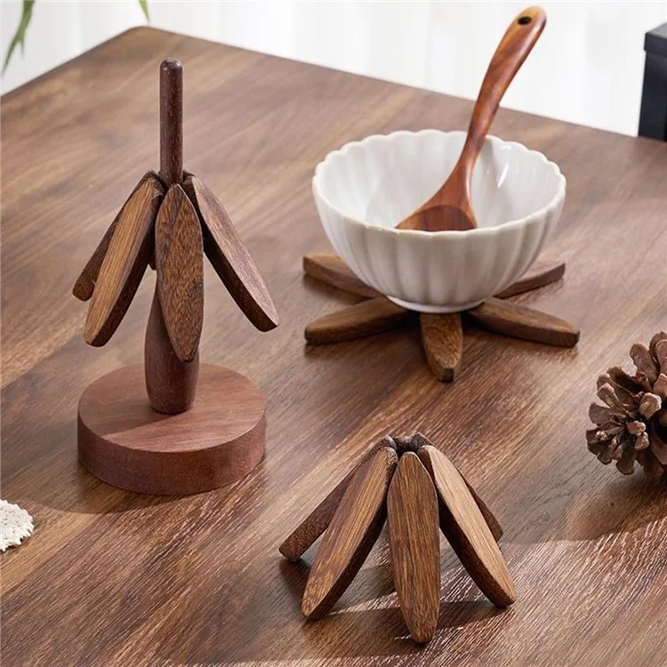 Wooden Hot Dish Insulation Pad 4Pcs Tree Shaped Coaster Set Hot Pots and Pans Insulation Mat - Walnut Color